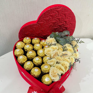 Roses and Ferrero in Red Heart Box